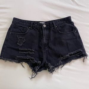 Distressed Black Denim Shorts